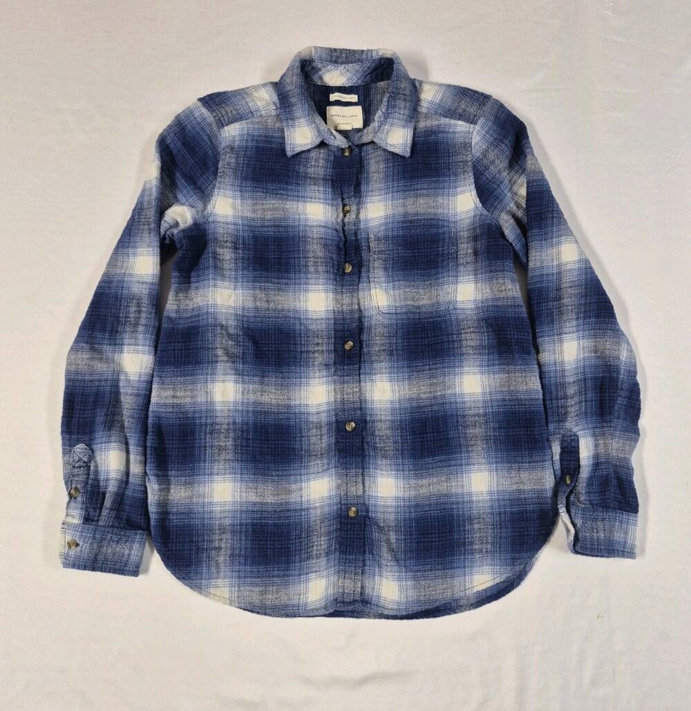 American Eagle Womens S Plaid Long Sleeve Button Up Boyfriend Fit Cotton Shirt
